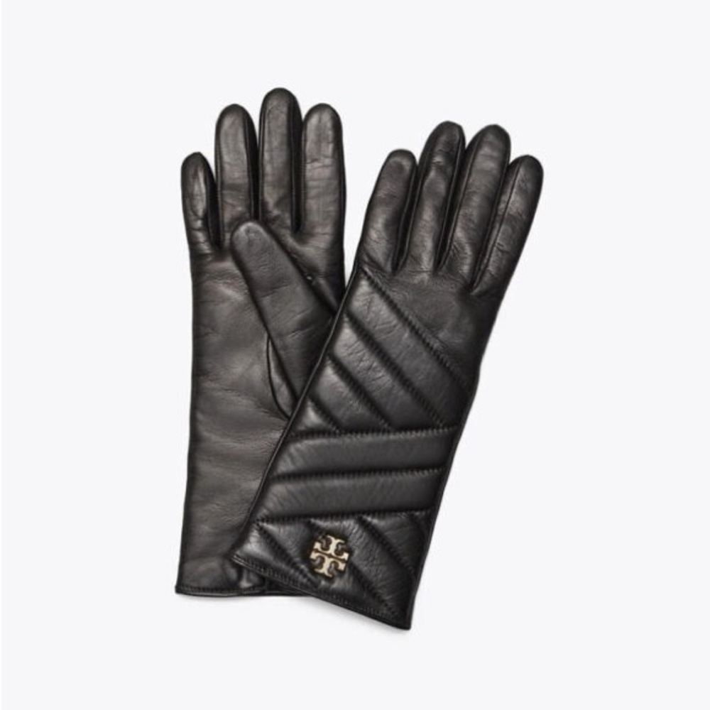 Tory Burch Kira Chevron Leather Gloves Black S/M NWT Cashmere Christmas Gift